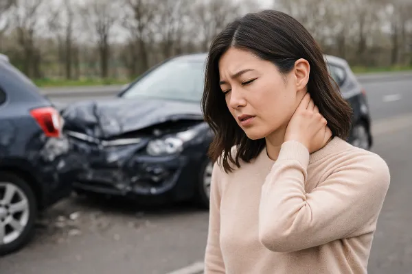 交通事故で首を痛めている女性